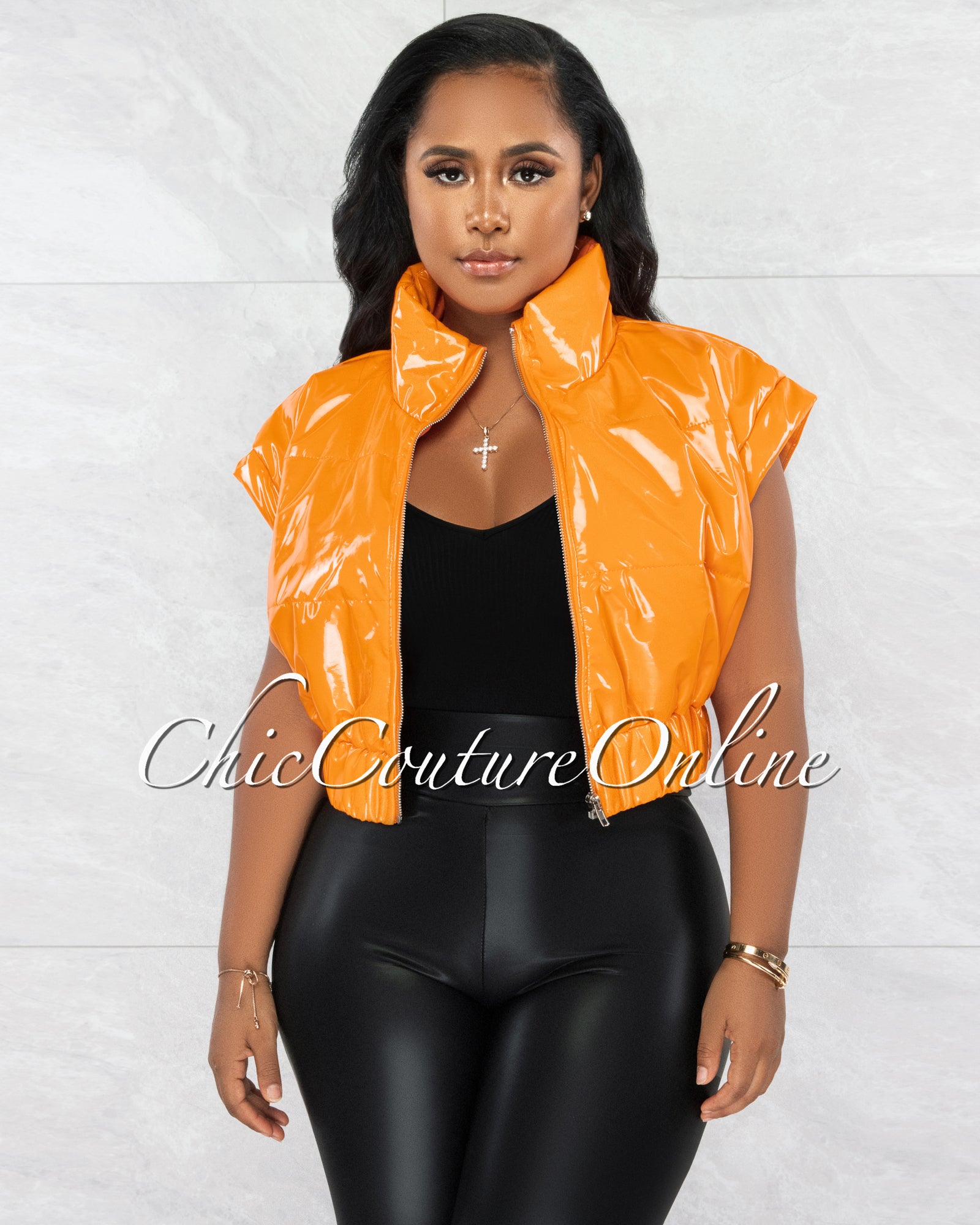 *Daryn Orange Patent Faux Leather Sleeveless Bomber Jacket