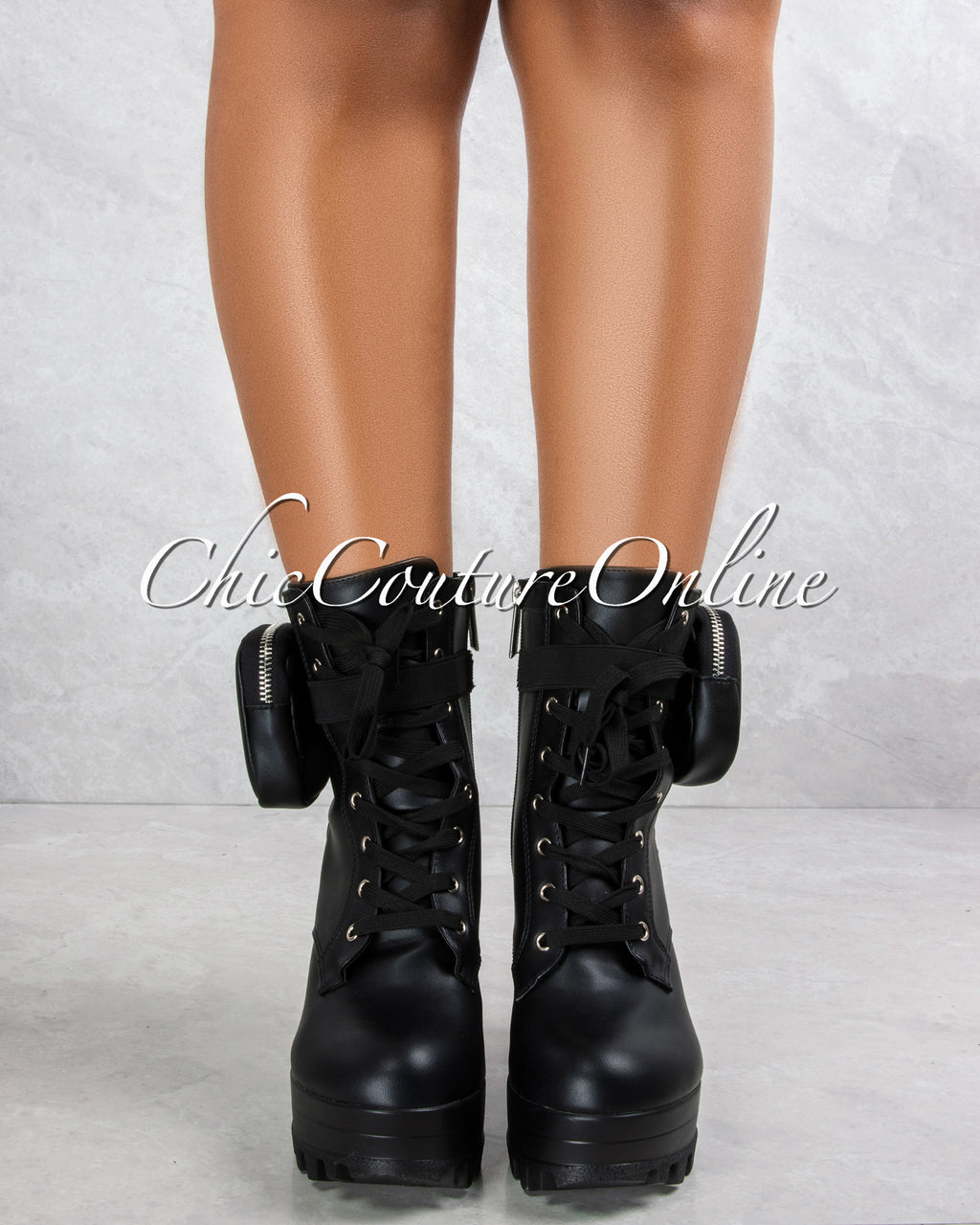 Monik Black Faux Leather Side Pocket Chunky High Booties