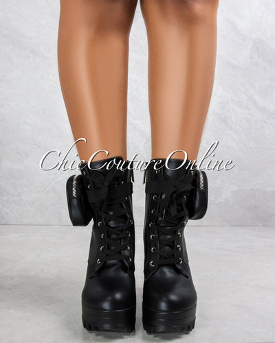 *Monik Black Faux Leather Side Pocket Chunky High Booties