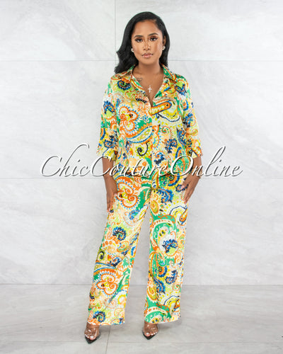 Nina Multi-Color Print Buttoned Shirt & Wide Pants Silky Set