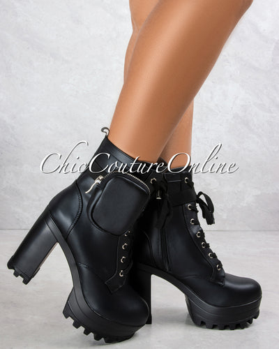 Monik Black Faux Leather Side Pocket Chunky High Booties