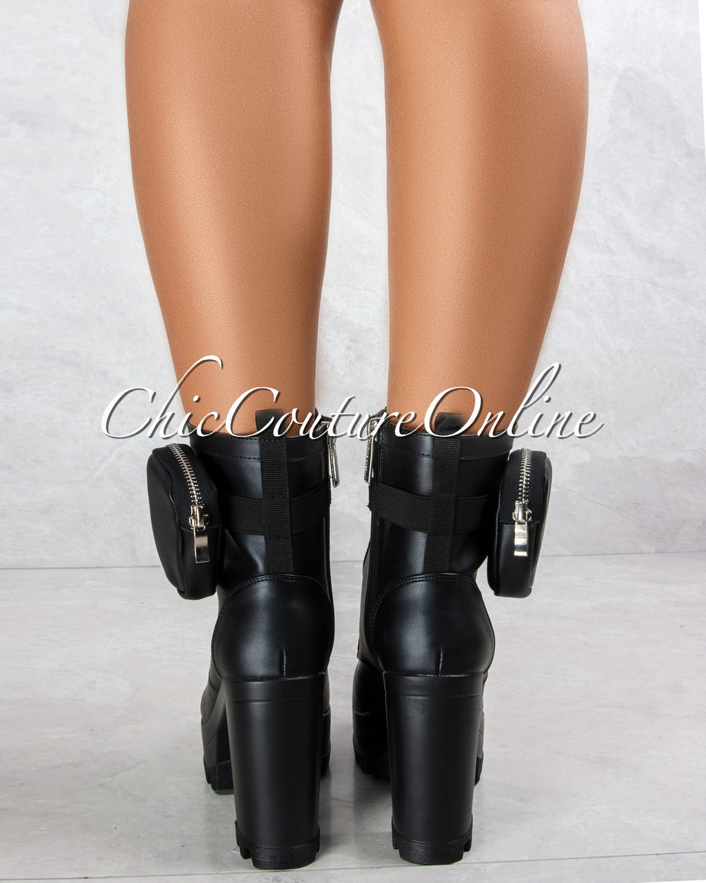 *Monik Black Faux Leather Side Pocket Chunky High Booties