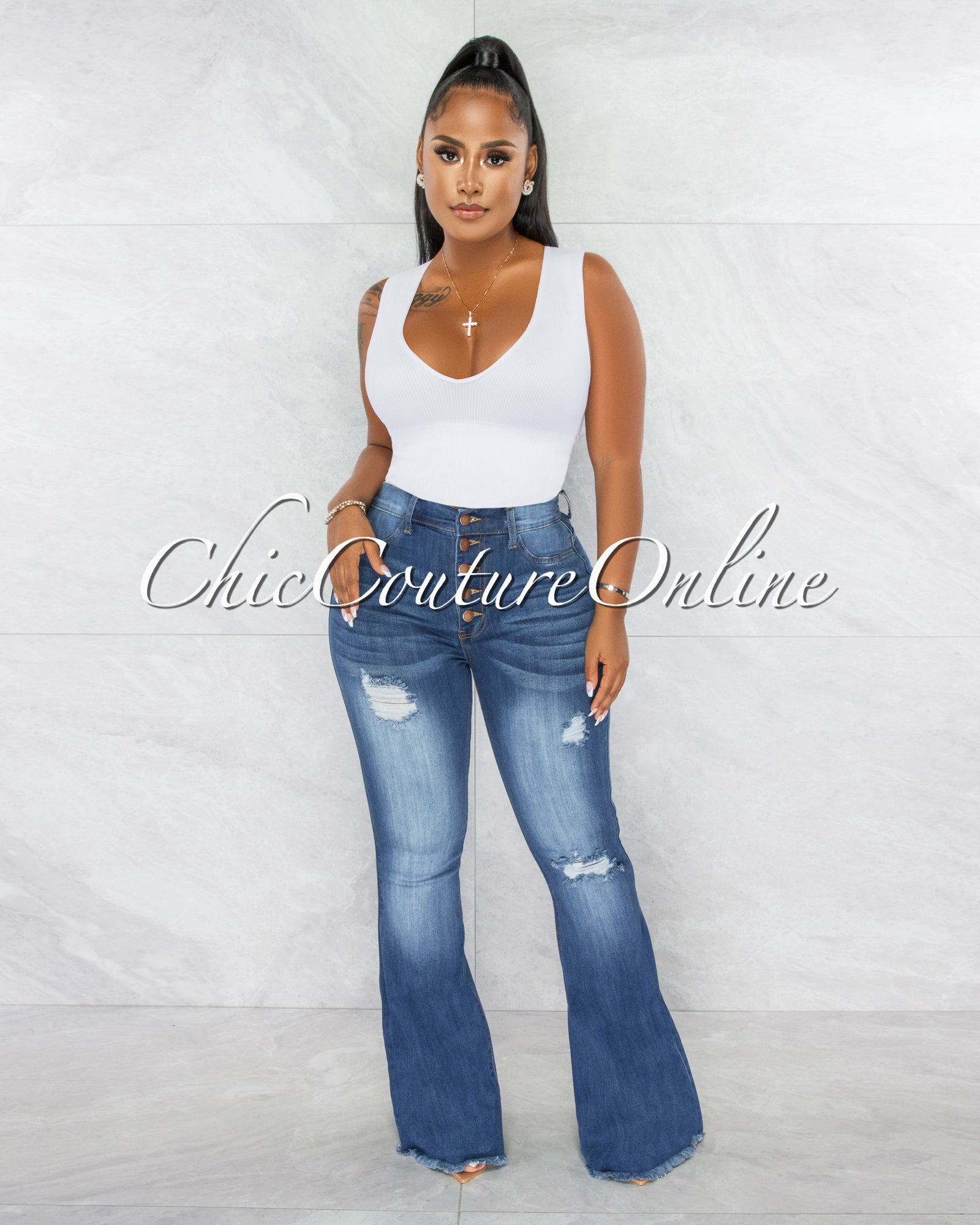 *Claudia Medium Blue Denim High-Waist Bell Legs Jeans