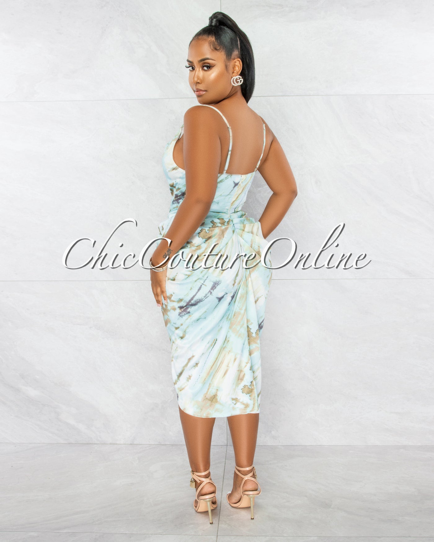 Taisha Baby Blue Olive Print Ruched Silky Midi Dress
