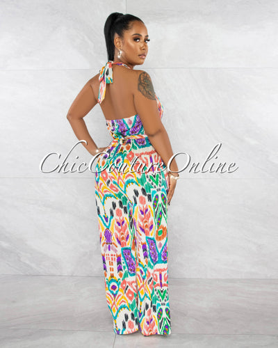 Beya Ivory Multi-Print Pleated Top Halter Jumpsuit