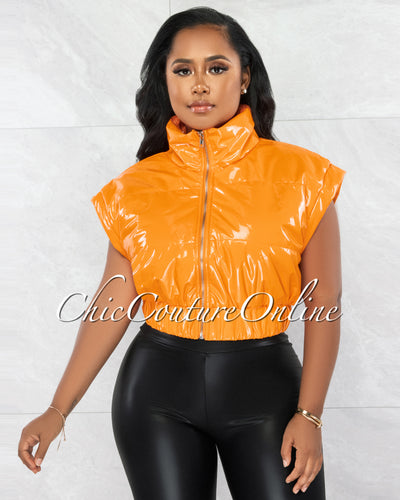 *Daryn Orange Patent Faux Leather Sleeveless Bomber Jacket