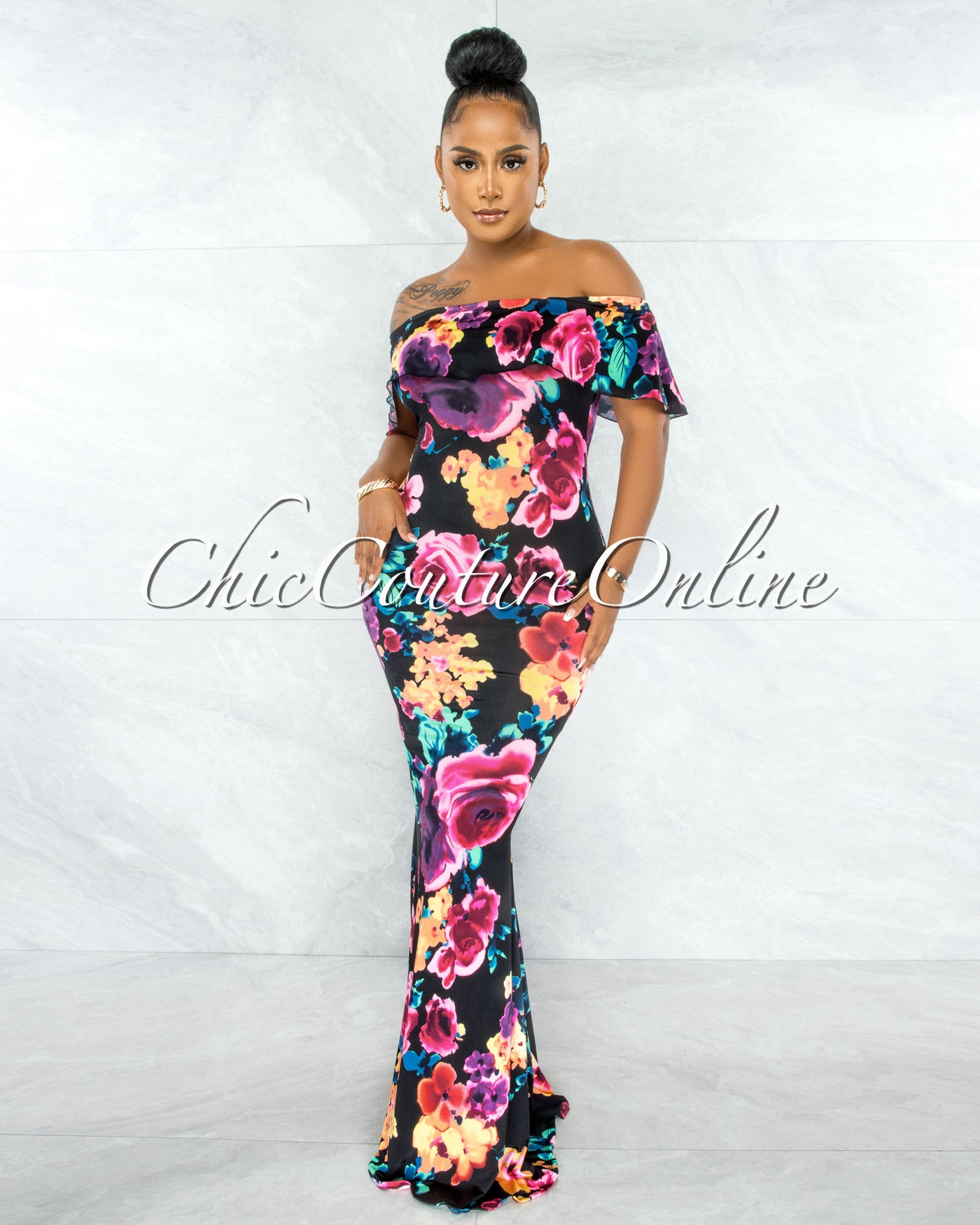 Connely Black Fuchsia Floral Off-The Shoulder Maxi Dress