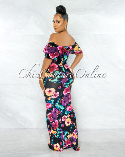 Connely Black Fuchsia Floral Off-The Shoulder Maxi Dress