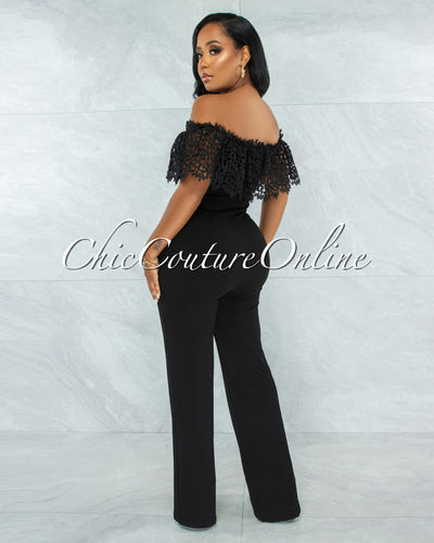 Amaretto Black Off-The Shoulder Crochet Top Jumpsuit