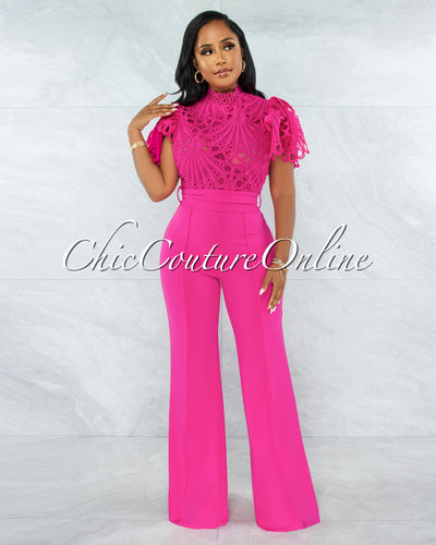 *Charity Fuchsia Crochet See-Thru Top Ruffle Sleeves Jumpsuit