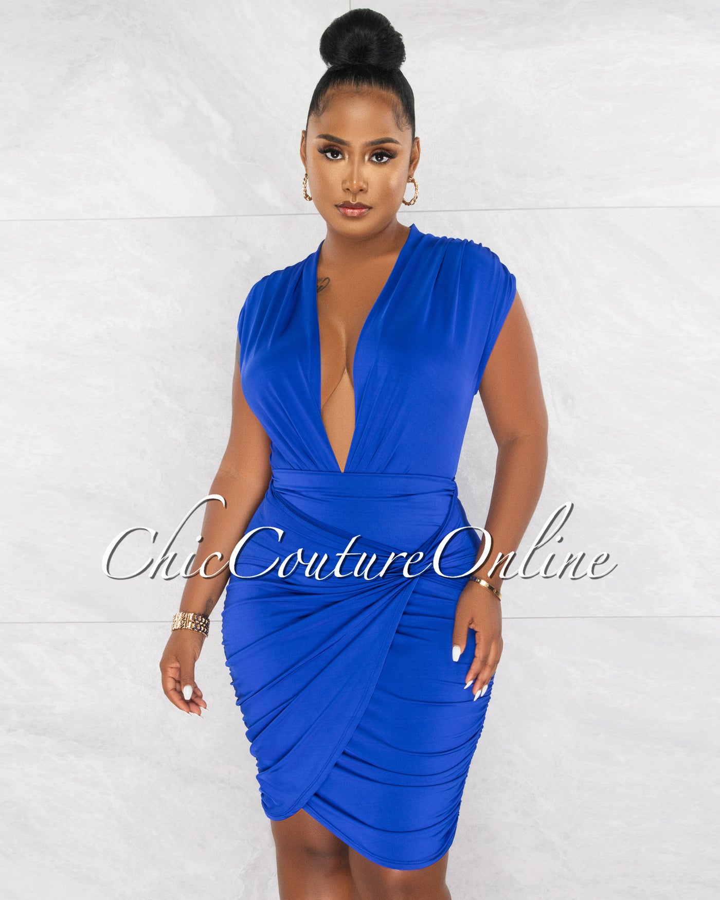 Ovida Royal Blue Draped Bodysuit & Overlay Skirt Set