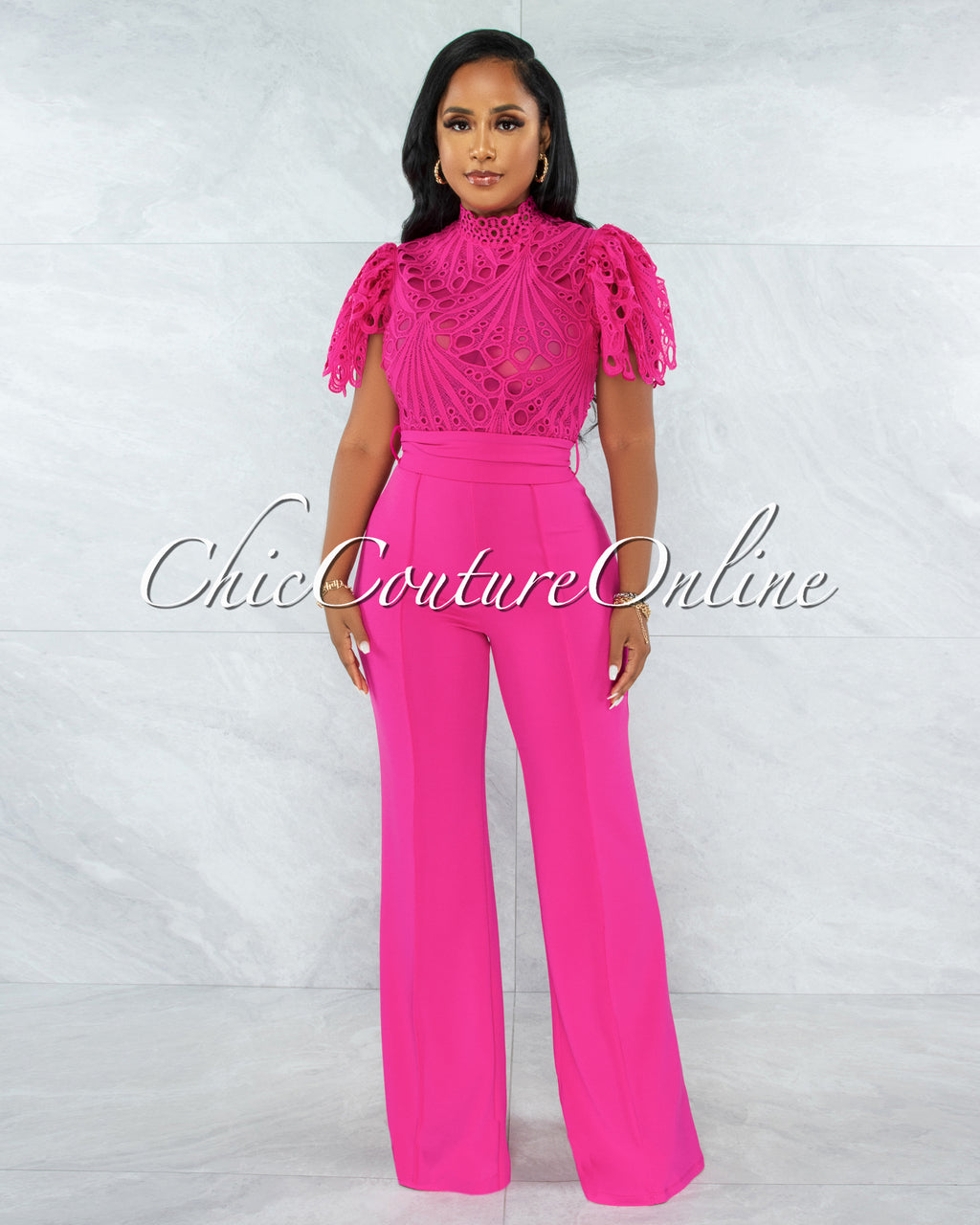 *Charity Fuchsia Crochet See-Thru Top Ruffle Sleeves Jumpsuit