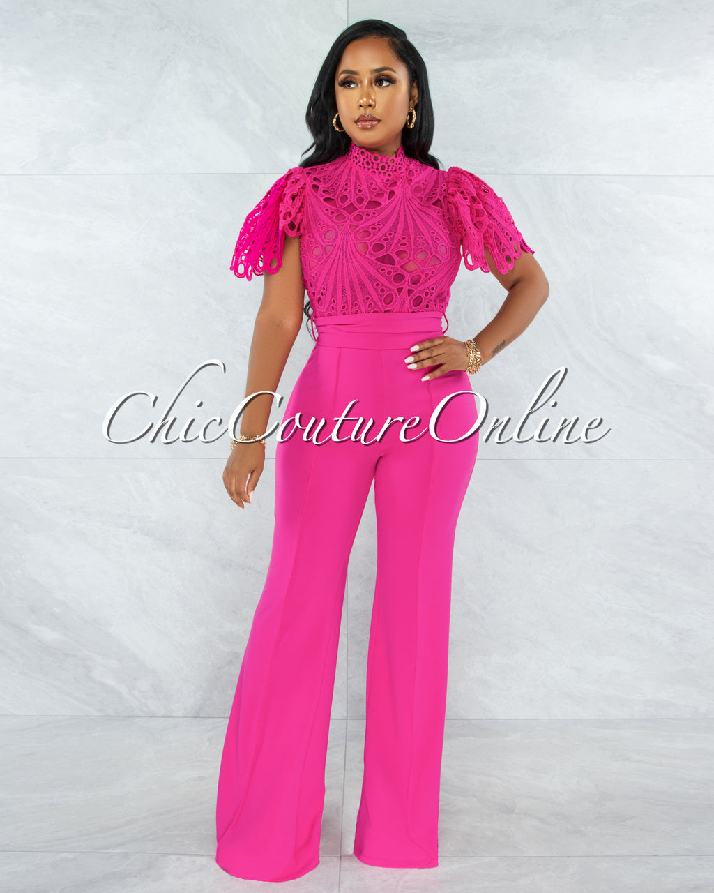 *Charity Fuchsia Crochet See-Thru Top Ruffle Sleeves Jumpsuit