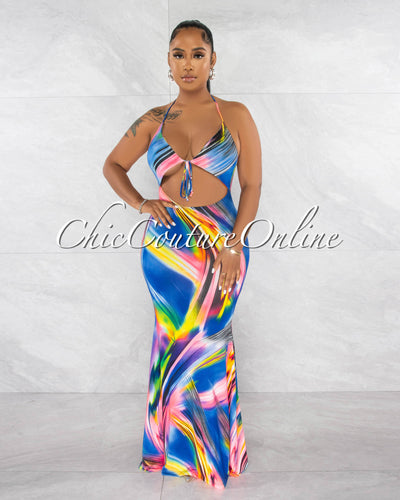 *Raquelia Blue Multi-Color Front Cut-Out Maxi Dress