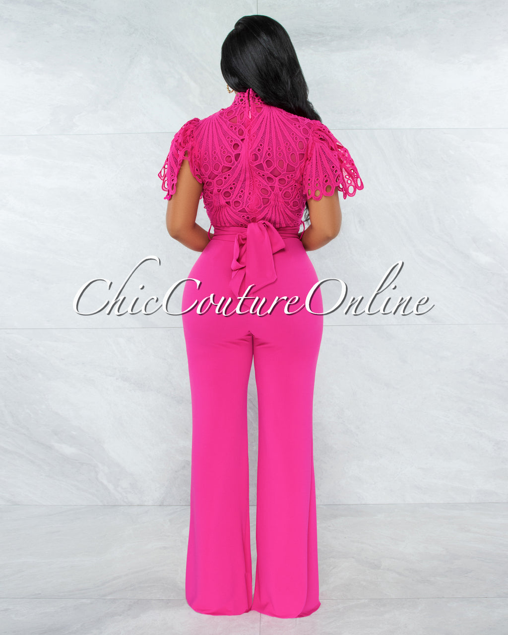 *Charity Fuchsia Crochet See-Thru Top Ruffle Sleeves Jumpsuit