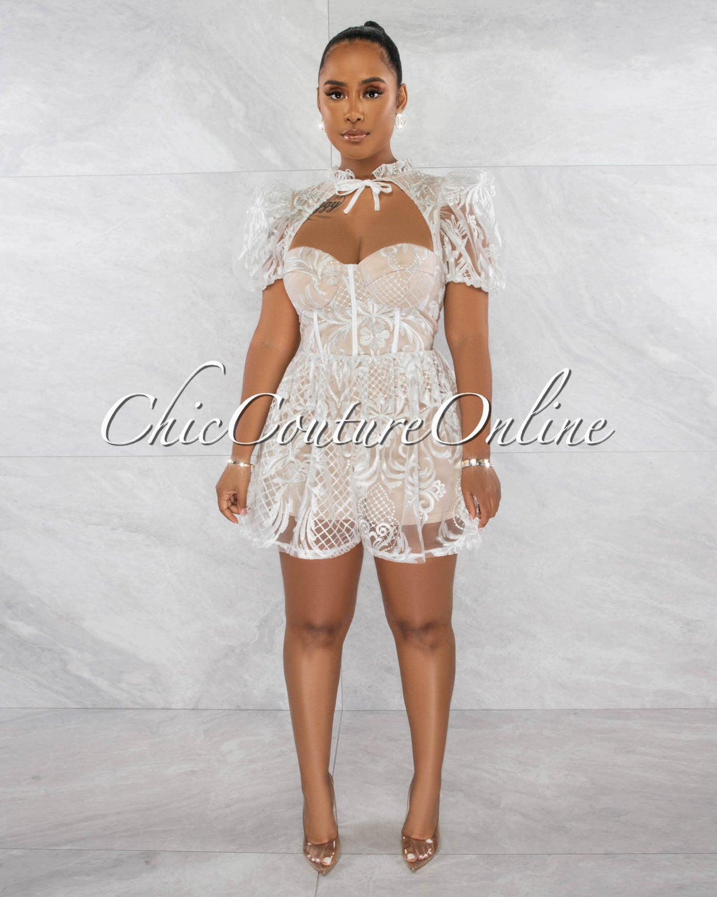 *Alishia White Nude Illusion Lace Bubble Sleeves Romper