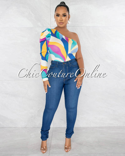 Nadera Multi-Color Print Single Sleeve Bodysuit