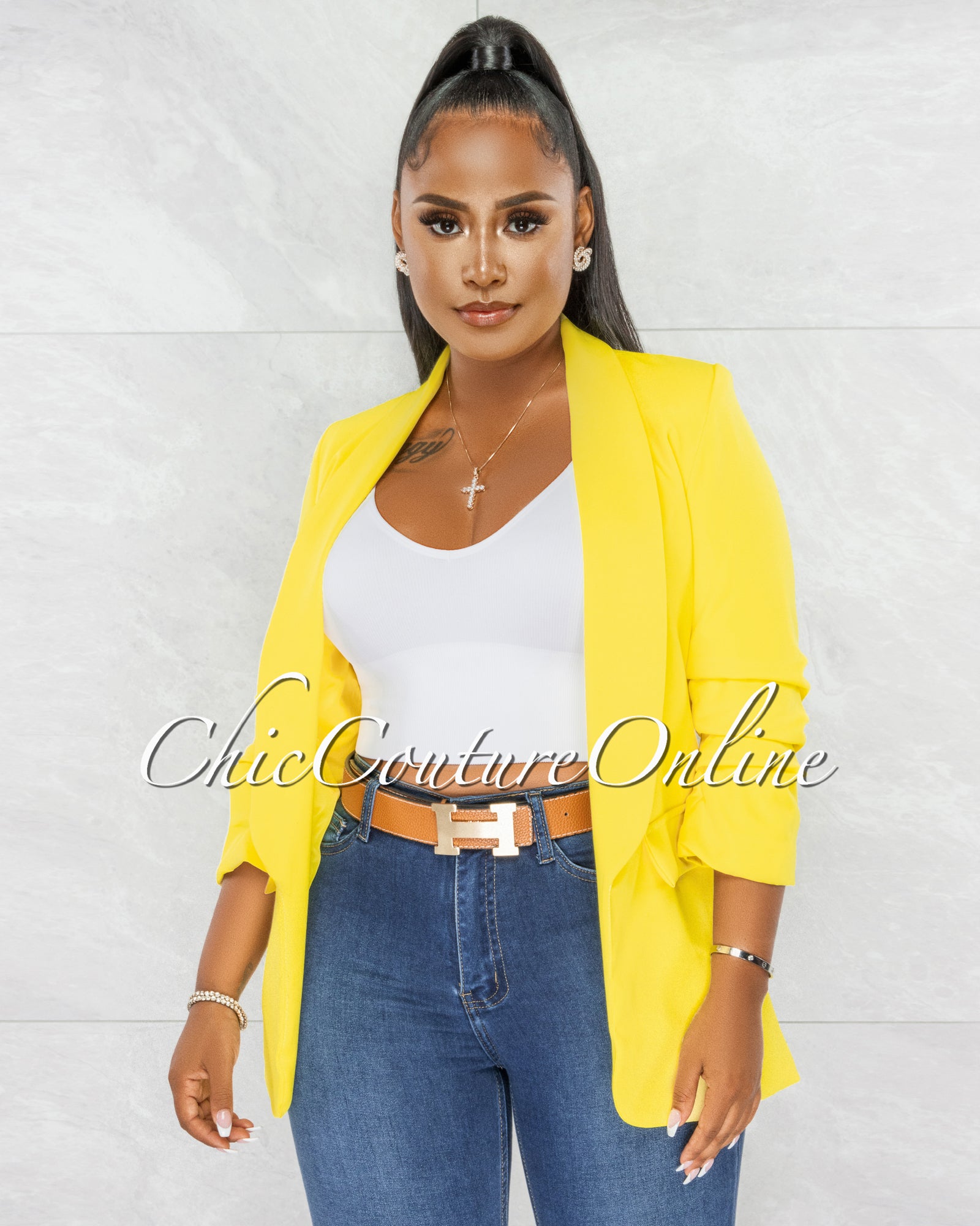 Stephanelle Yellow Ruched Sleeves Long Blazer