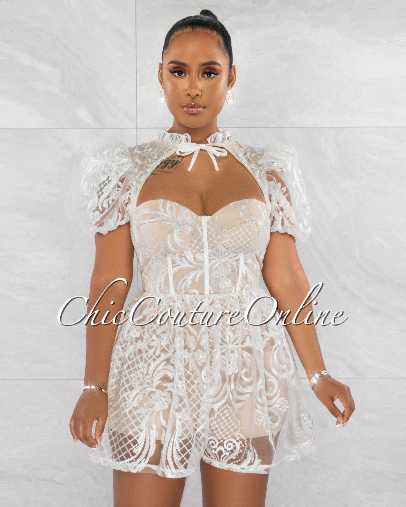 *Alishia White Nude Illusion Lace Bubble Sleeves Romper