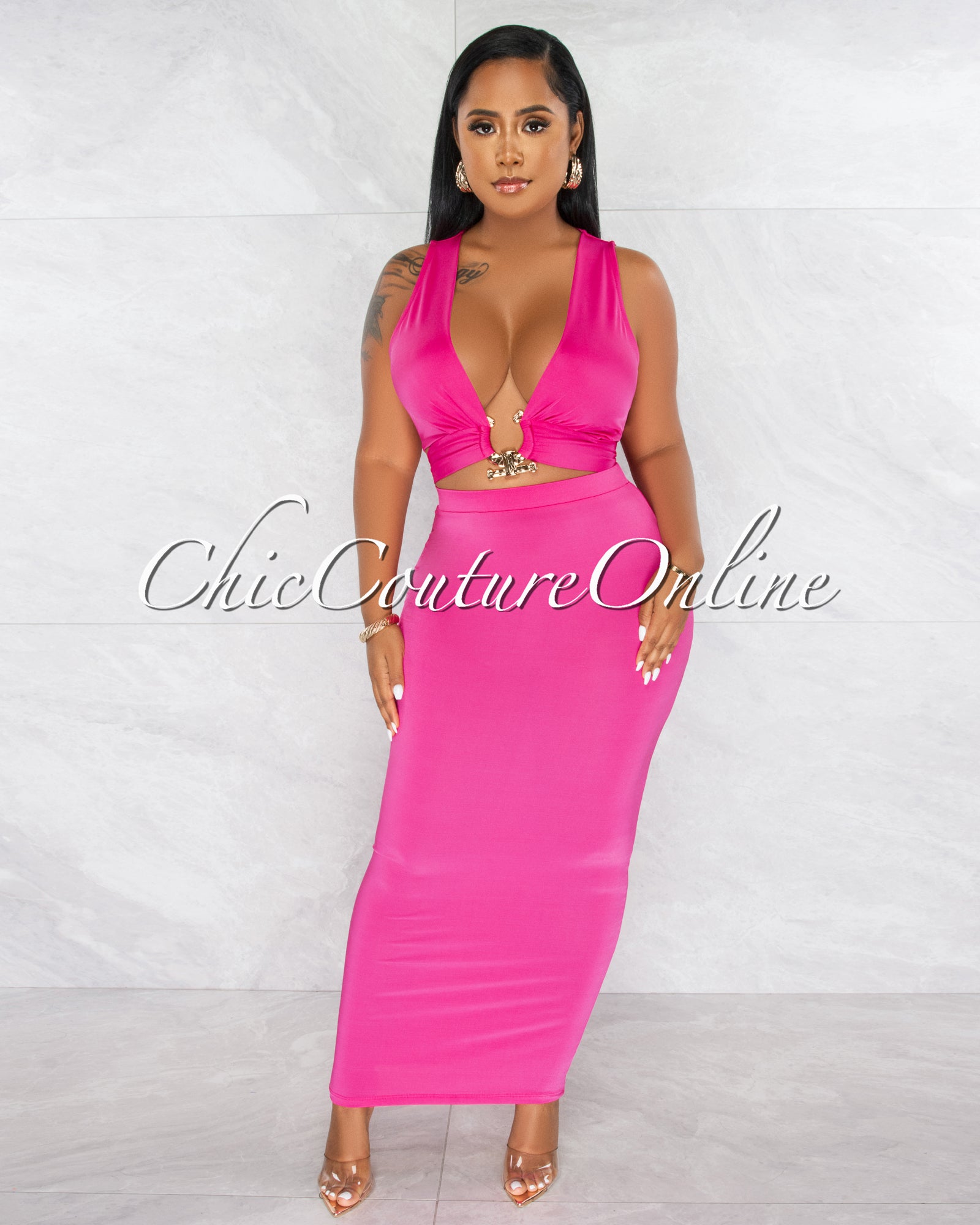 *Samina Fuchsia Gold Accent Crop Top & Maxi Skirt Set