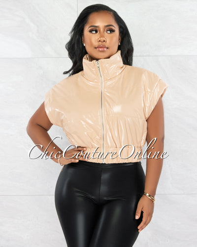 *Daryn Nude Patent Faux Leather Sleeveless Bomber Jacket
