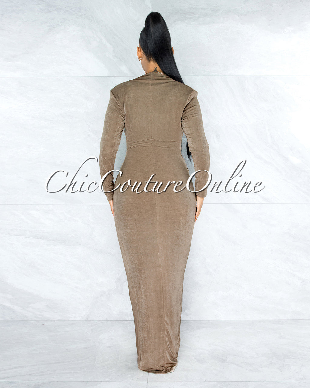 *Nuriel Mocha Shimmer V-Neck Draped Wrap Bottom Maxi Dress