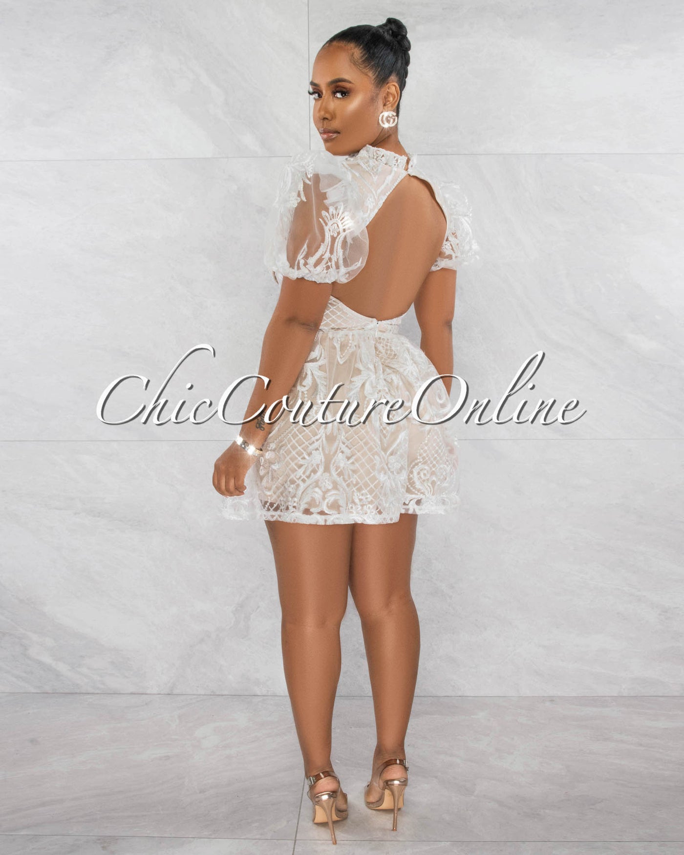 *Alishia White Nude Illusion Lace Bubble Sleeves Romper