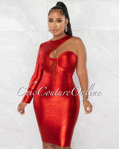 Clive Red Foil Single Shoulder Design Bandage Dress
