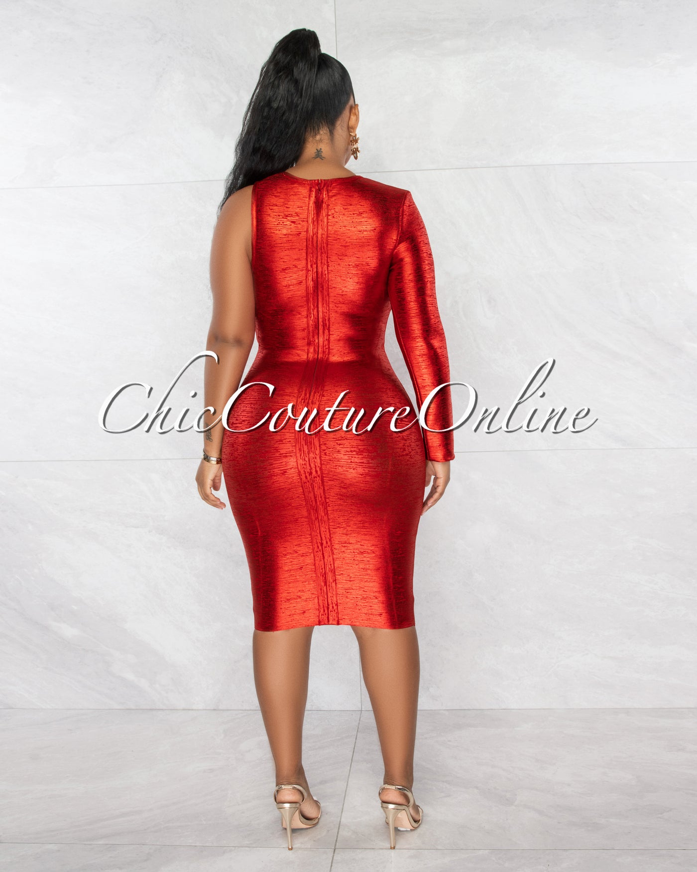 Clive Red Foil Single Shoulder Design Bandage Dress