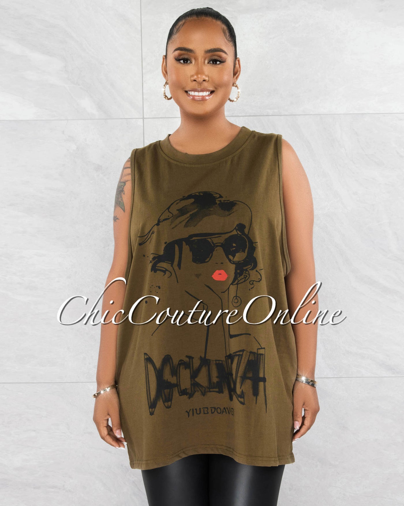 *Nesta Olive Front Graphic Over-Sized Tank Top