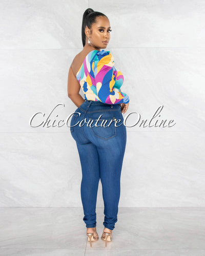 Nadera Multi-Color Print Single Sleeve Bodysuit