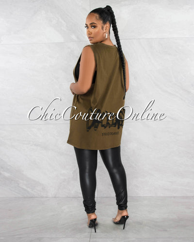 *Nesta Olive Front Graphic Over-Sized Tank Top