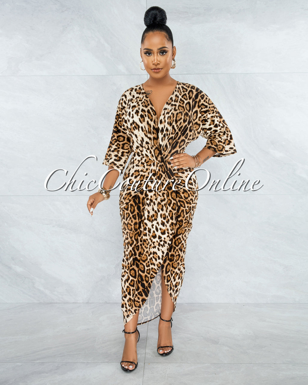 *Rolanda Leopard Print Draped Front Slit Midi Dress