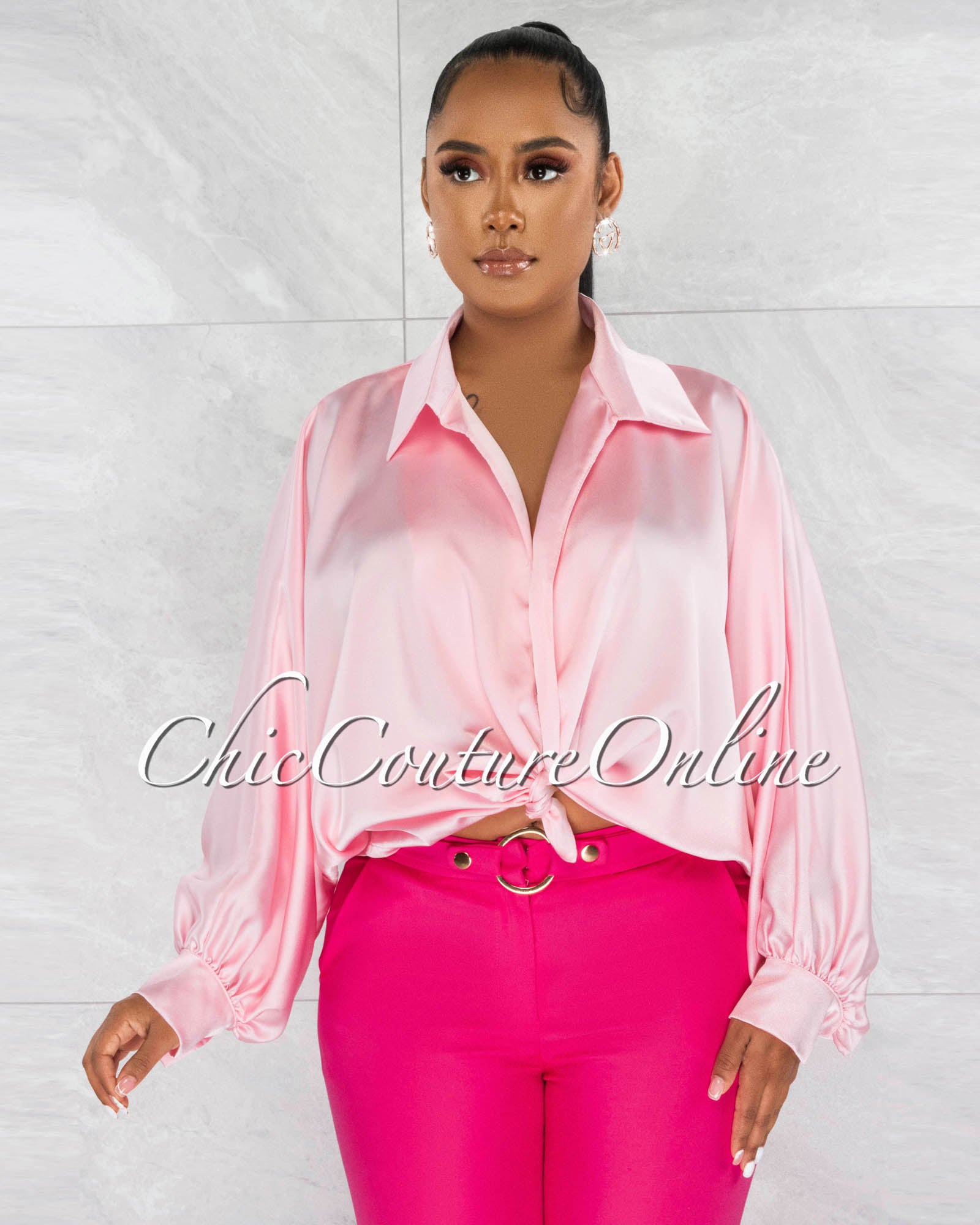 *Pilar Baby Pink Wide Sleeves Silky Blouse