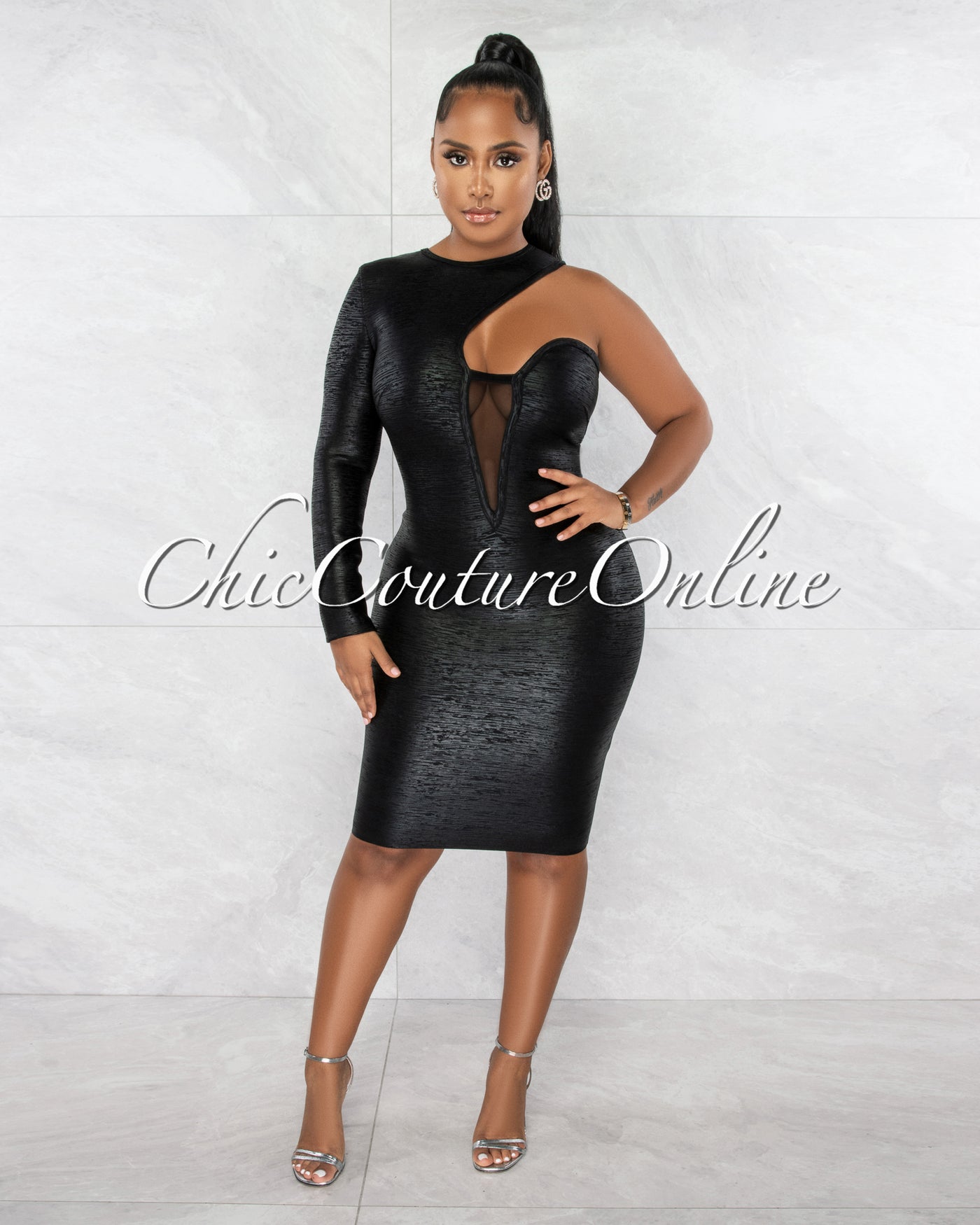 Clive Black Foil Single Shoulder Design Bandage Dress