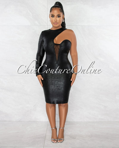 Clive Black Foil Single Shoulder Design Bandage Dress