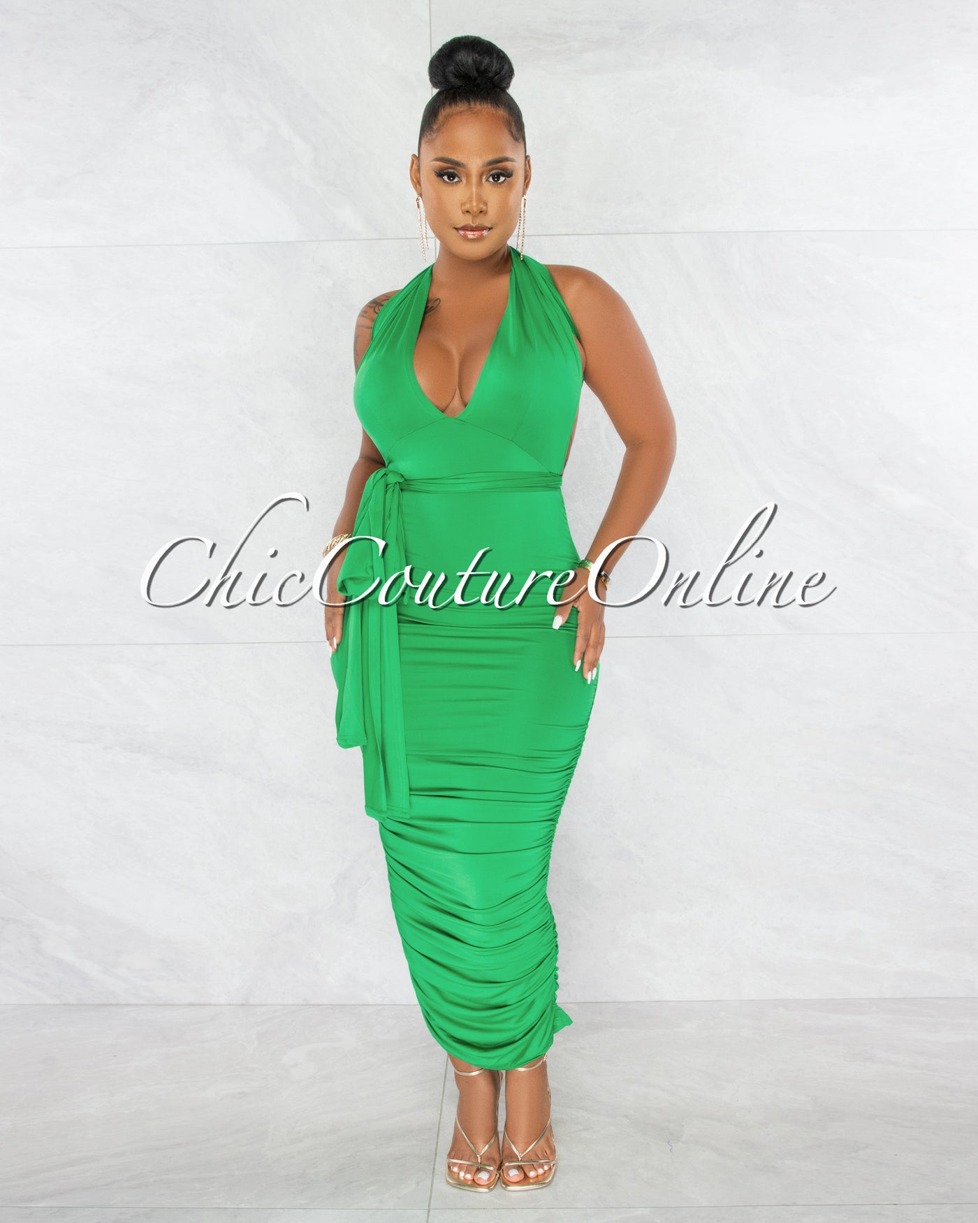 *Fosta Green Multi-Way Ruched Maxi Dress