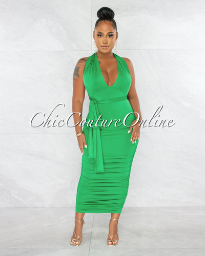 Fosta Green Multi-Way Ruched Maxi Dress