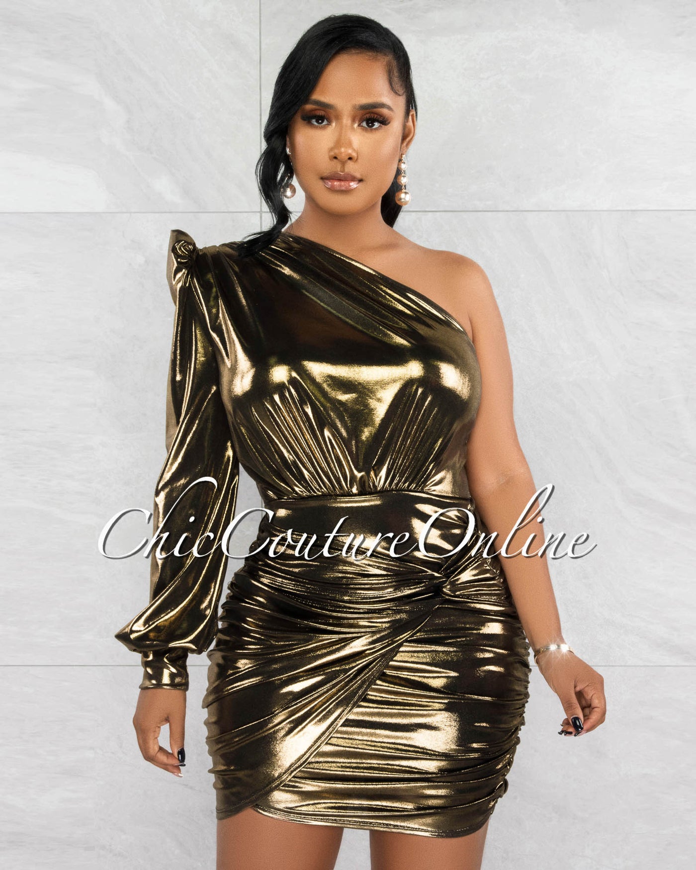 Cornelia Bronze Metallic Single Padded Shoulder Draped Dress