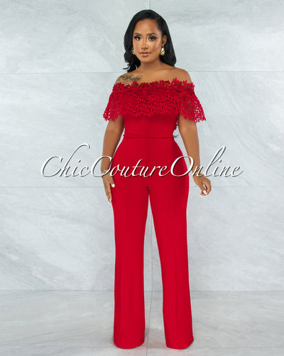 Amaretto Rustic Red Off-The Shoulder Crochet Top Jumpsuit