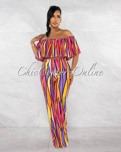 *Masara Fuchsia Multi-Color Print Ribbed Crop Top & Wide Pants Set