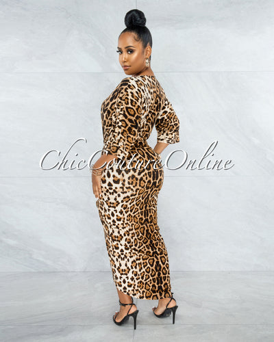 *Rolanda Leopard Print Draped Front Slit Midi Dress
