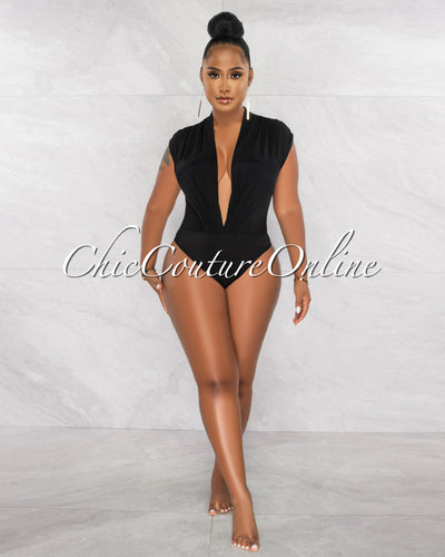 Ovida Black Draped Bodysuit & Overlay Skirt Set