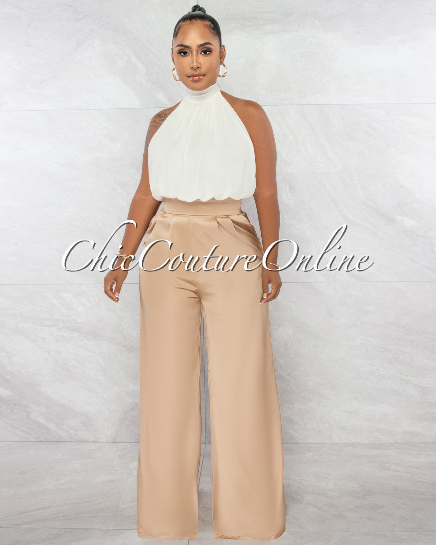 Thomas Ivory Pleated Top & Gold Pleated Silky Two-Tone Jumpsuit
