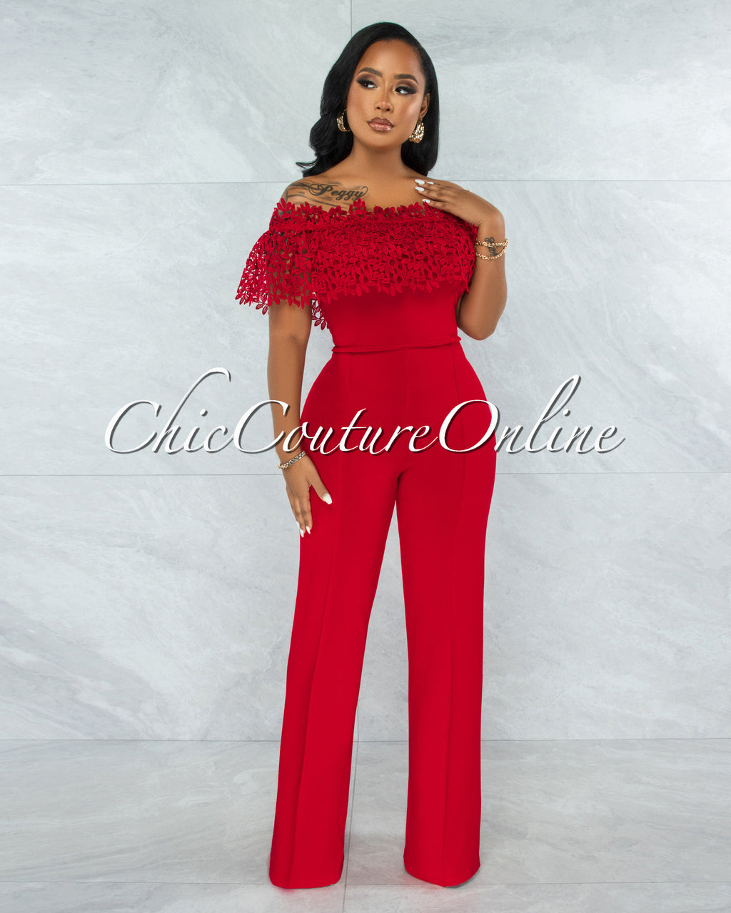 Amaretto Rustic Red Off-The Shoulder Crochet Top Jumpsuit