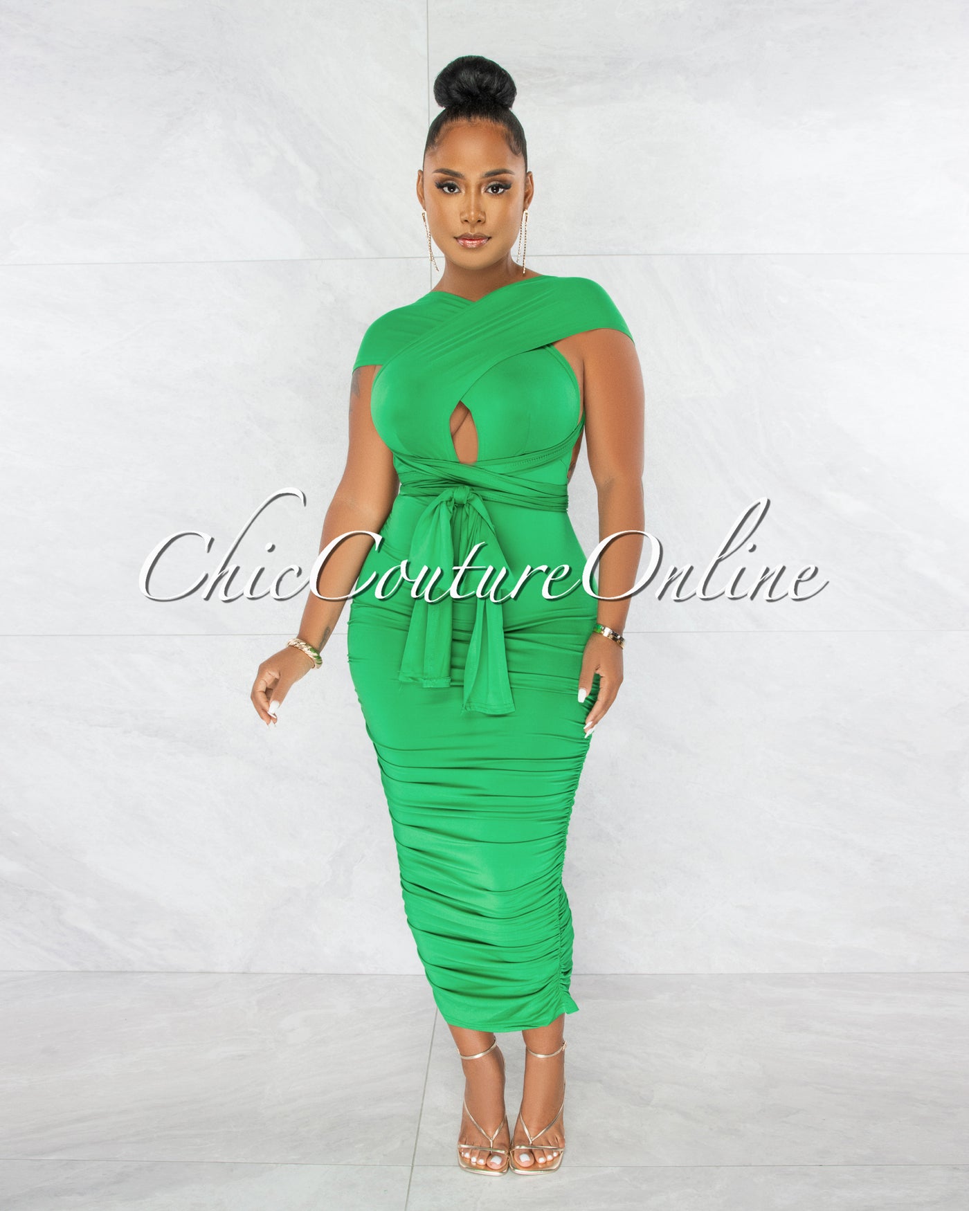 Fosta Green Multi-Way Ruched Maxi Dress
