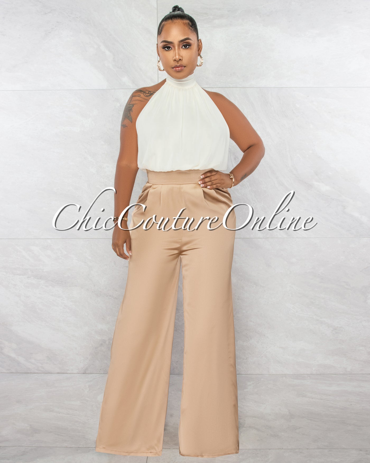 Thomas Ivory Pleated Top & Gold Pleated Silky Two-Tone Jumpsuit