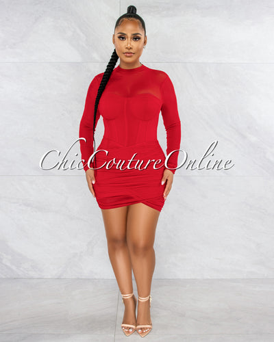 Yalina Red Mesh Ruched Padded Cups Dress