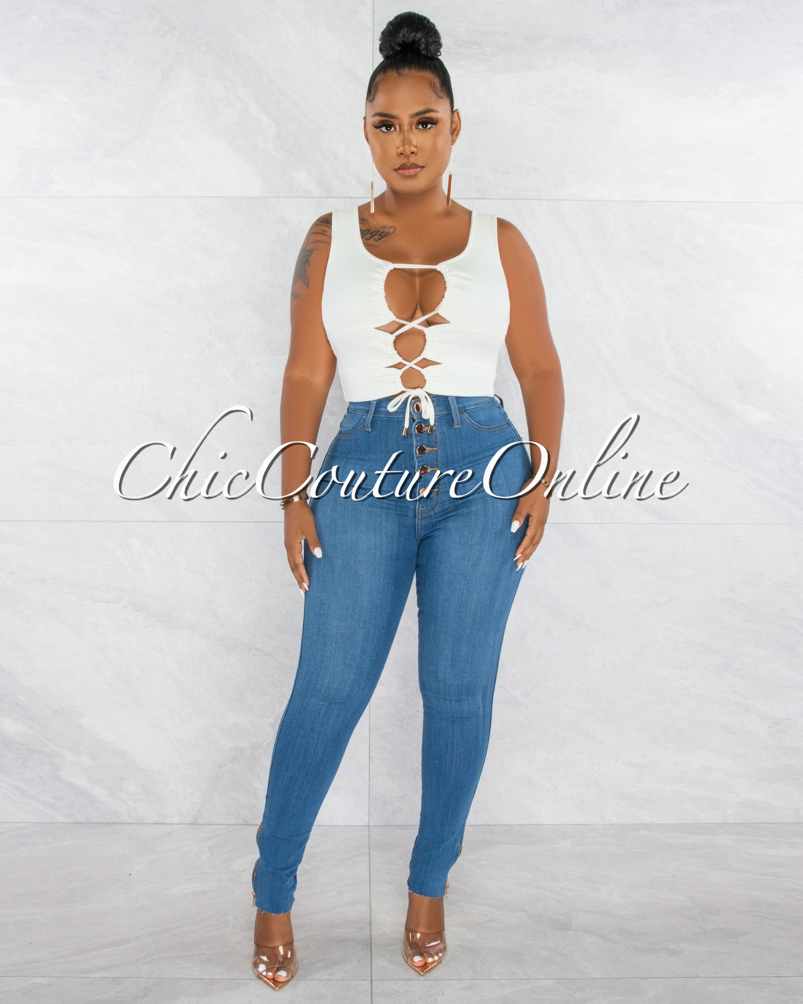 *Lyssa Medium Blue High Waist Rose Gold Buttons Jeans