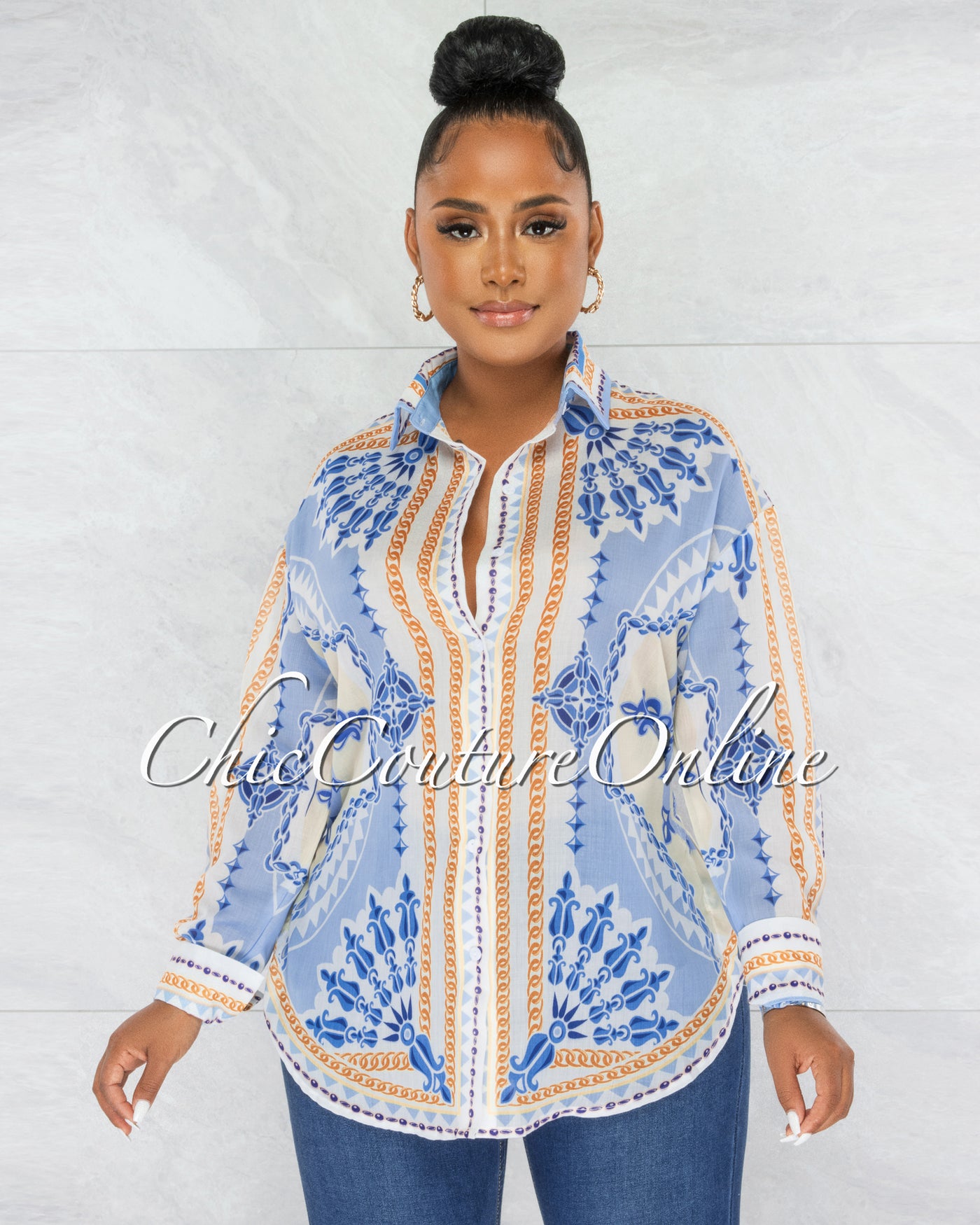 Carter Baby Blue Print Buttoned Semi-Sheer Blouse
